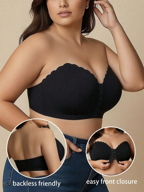 Summer Thin Black Strapless Front-Clasp Bra, Curve Large-Size Underwear, Wireless Bra Bandeau, Comfortable Single Bra Piece