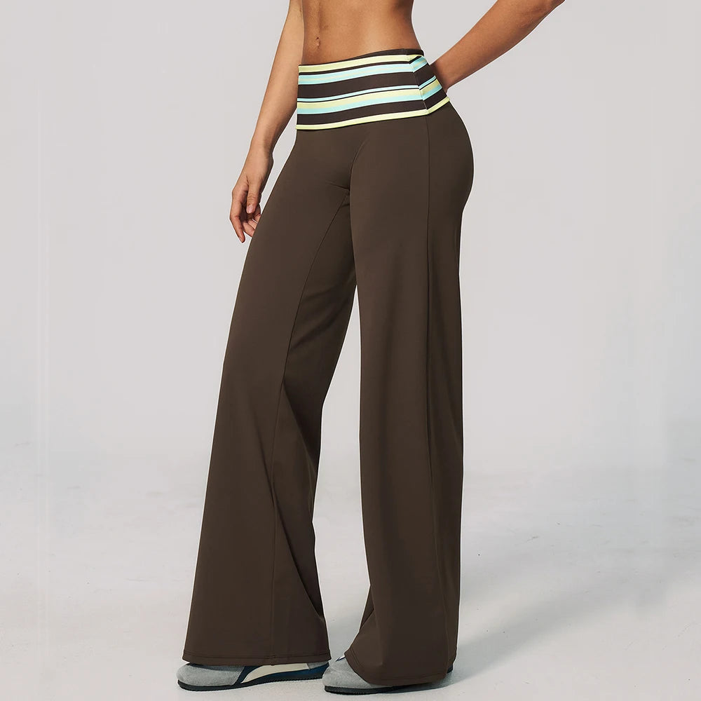 Fashion Polka Dot And Striped Wide Leg Pants For Women Fold Over Waist Bell-bottoms Flare Yoga Pants Push Up Workout Leggings