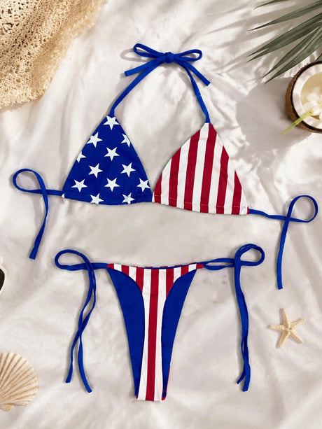 Women American Flag Print Triangle Bikini Set Halter Self Tie Top Side String Thong Bottom 4th of July Patriotic Beach Swimsuits