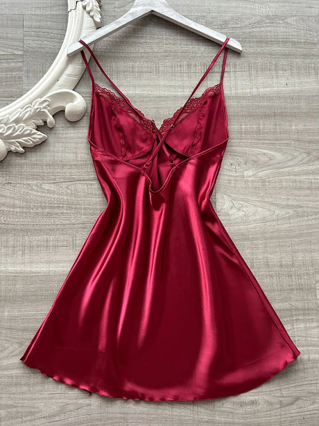 Women's Lace Patchwork Nightgown Sexy Sleepwear Fashionable Halter Dress V Neck Pajamas Solid Color Elegant Lady's Clothes