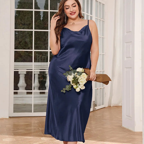2025 New Women's Fashionable Sexy Plus Size 2XL Long Silk-Like Sling Nightgown Breathable Casual Sleepwear Loungewear