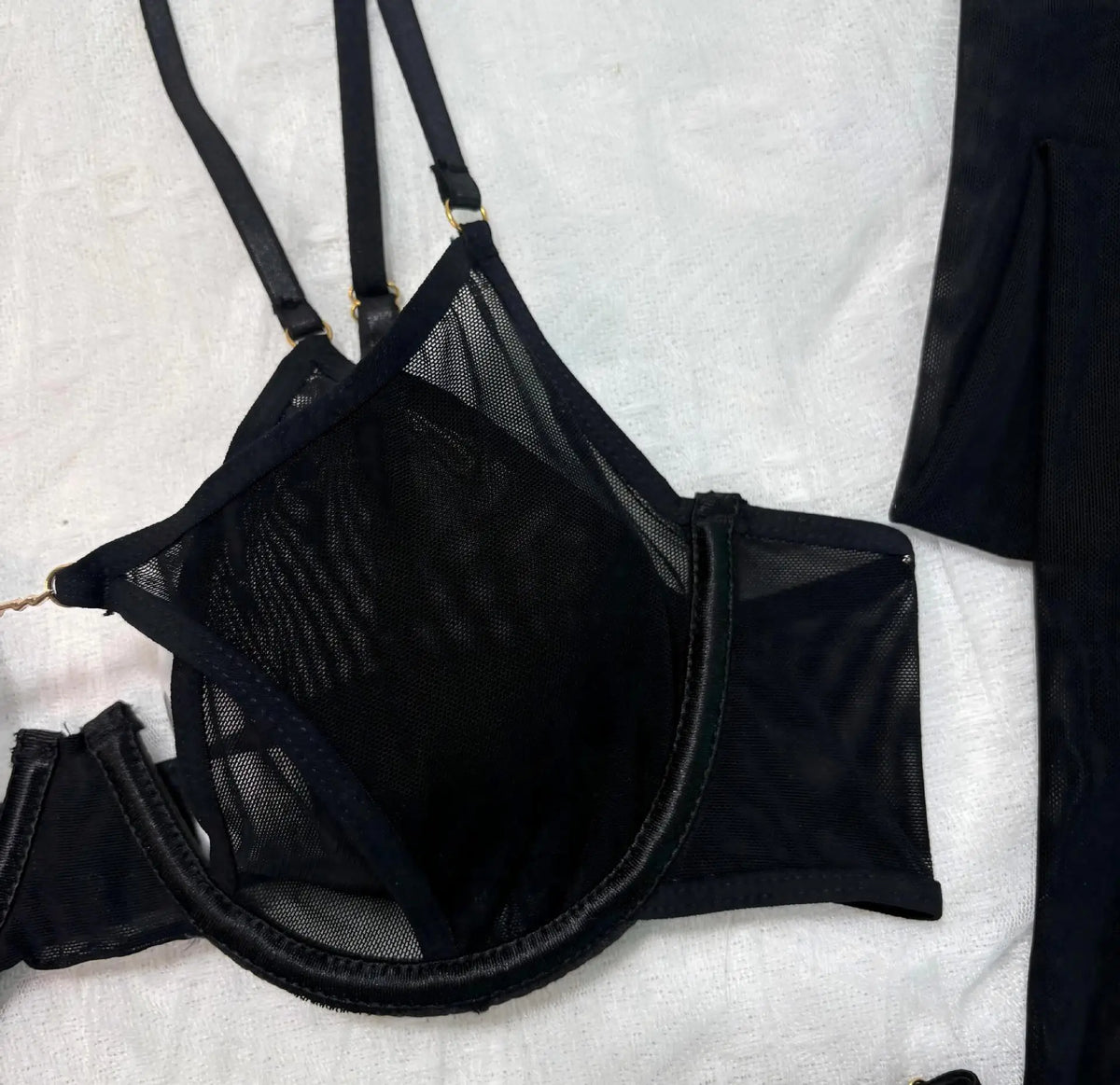 Tornova Erotic Lingerie New Mesh See-through Sexy Hollow Chest + Metal Decoration with Gloves and Stockings Sexy Underwear Set