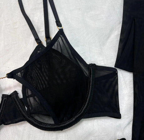 Tornova Erotic Lingerie New Mesh See-through Sexy Hollow Chest + Metal Decoration with Gloves and Stockings Sexy Underwear Set