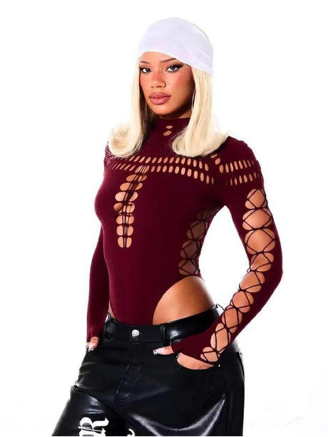 FHSEER SummerWomen's Y2K Sexy Bodysuit High Neck Bodycon Front Cutout & Lace-up Mesh Sleeve Stretchy Edggy Clubwear Streetwear