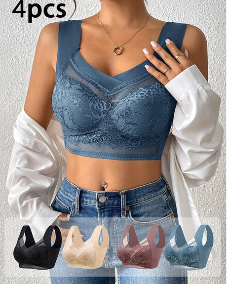 FINETOO 4Pcs Plus Size Sexy Crop Tank Top Seamless Bra Push Up Women Bras Wireless Bralette Femme Underwear Sports Lace Lingerie