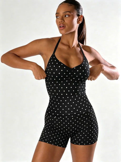 Polka Dot Yoga Set Halter Sports Bra High Waist Booty Shorts Push Up Gym Outfit for Running Fitness
