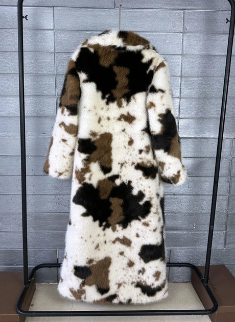 ZADORIN 130cm Long Thicken Lapel Cow Print White Brown Faux Fur Coat Woman Clothing Luxury Fluffy Jacket Winter Fur Coats Woman