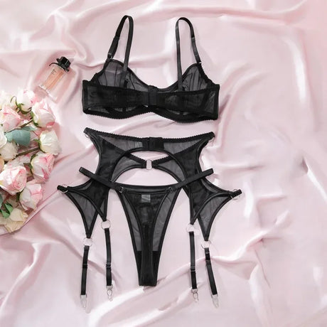 Lingerie Set Sexy See Through Mesh Push Up Bra Contrast Color Metal Ring Decor High Elasticity Two Piece Sexy Lingerie for Women