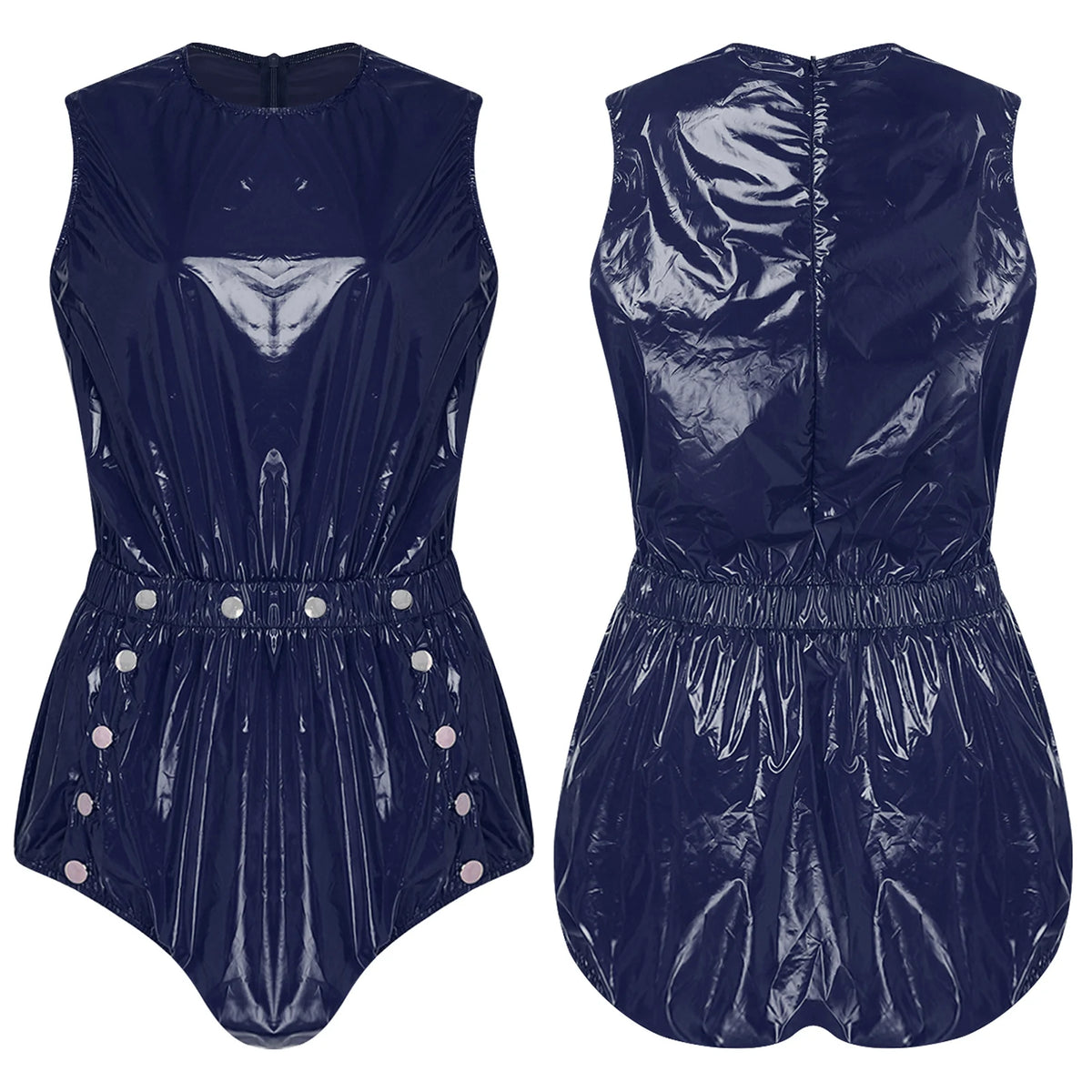 Women One Piece Adaptive Pajama Nightwear Shiny Metallic Sleeveless Buttoned Sleeveless Jumpsuit Waterproof Rompers Bodysuit