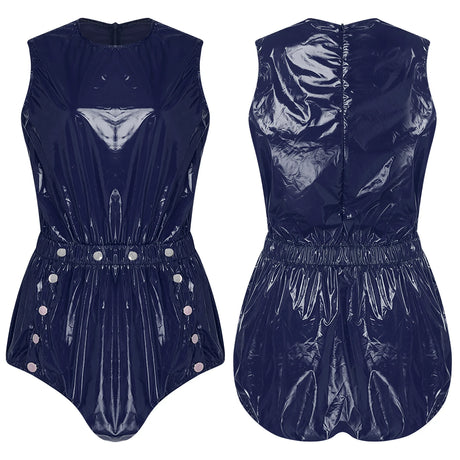 Women One Piece Adaptive Pajama Nightwear Shiny Metallic Sleeveless Buttoned Sleeveless Jumpsuit Waterproof Rompers Bodysuit