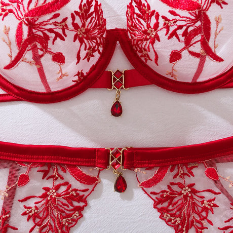 New gemstone accessory perspective floral embroidery shaping sexy lingerie split set with leg socks set