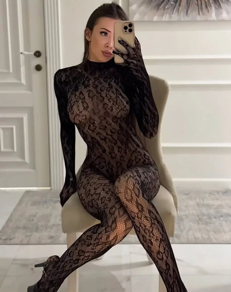 Toucheart Erotic Mesh Bodysuit Leopard Print Hollow Out Sexy Uniform Women Body Shaping See-through Seductive Hot Flirt Bodysuit
