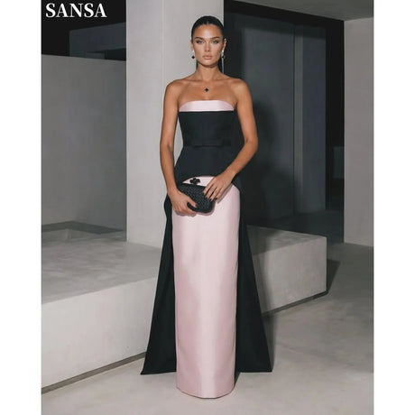Sansa Customized Contrast Color Strapless Satin Evening Dress Black Pink Patchwork Waist Bow Long Side Train Wedding Guest Gown