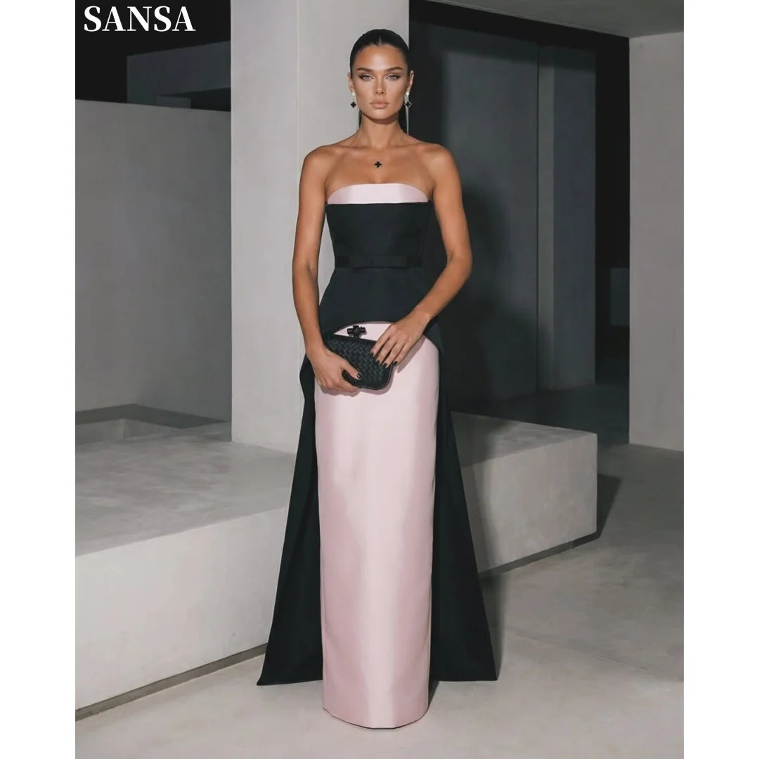 Sansa Customized Contrast Color Strapless Satin Evening Dress Black Pink Patchwork Waist Bow Long Side Train Wedding Guest Gown