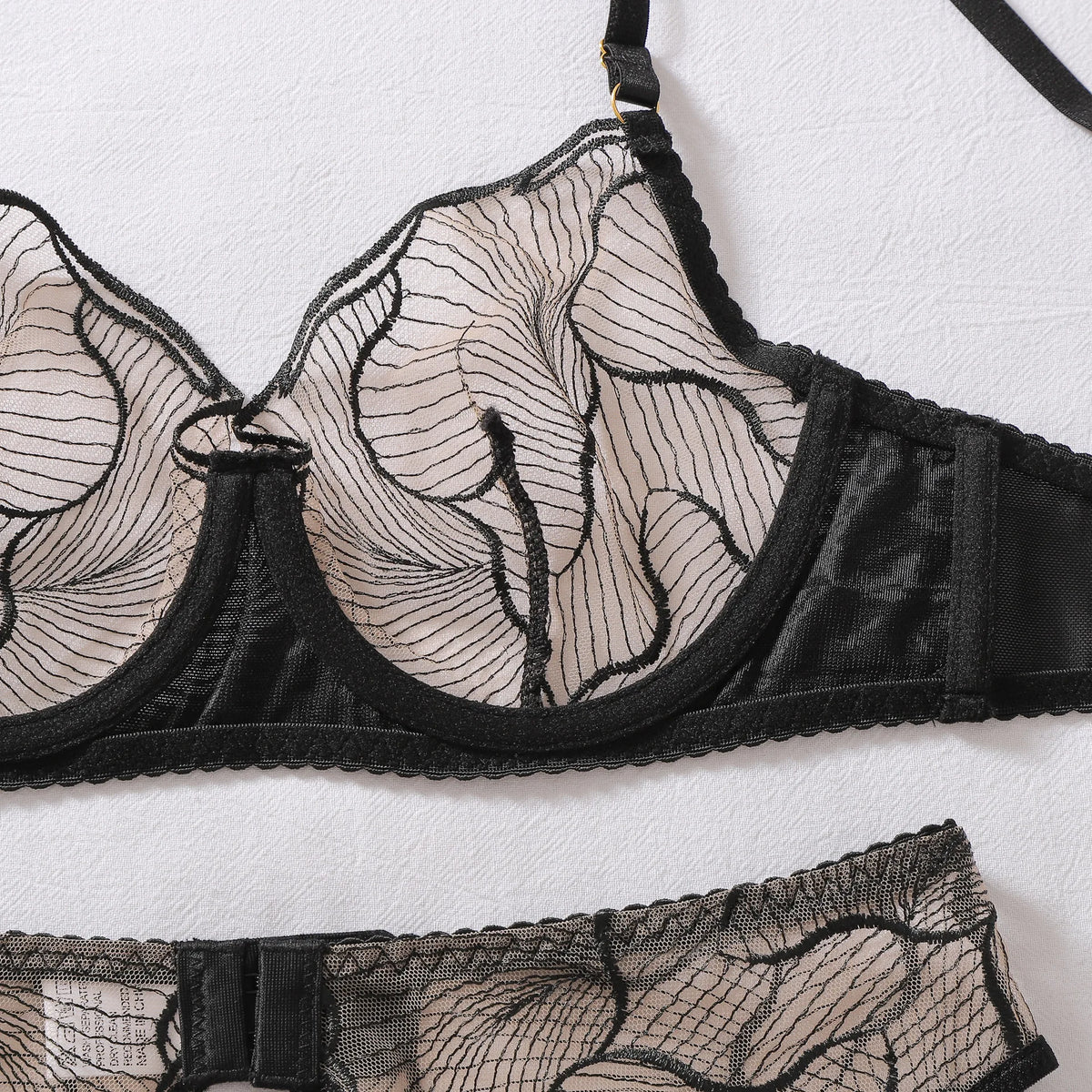 Ellolace Seductive Women's Lingerie Sets Hot Nude Floral Mesh Bra Belt Thong 3PC Stockings Cougar Exortic Chic Girls' Underwear