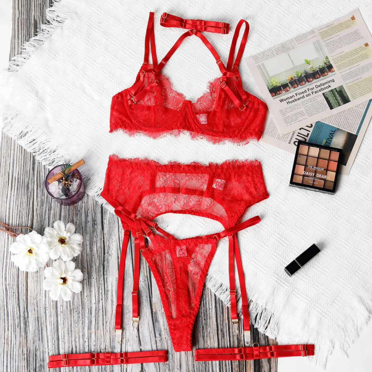 Ellolace Solid Women's Lingerie Sets Seductive Halter Bra Garter Thong 3PC with Leg Circles Sexy Lace Intimate Women Underwear