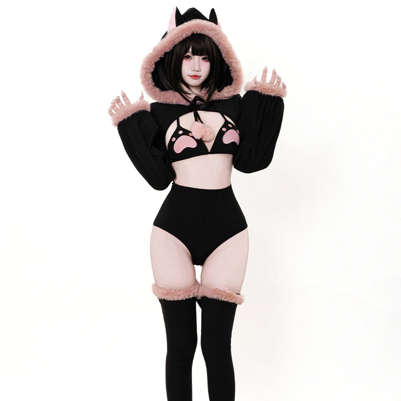 SENMHS Original Japanese Sweet Lolita Cat Girl Cosplay Set Women Kawaii Cat Paw Bikini with Hooded Bodysuit Photo Shoot Hallowee