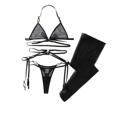 Seductive Women's Lingerie Set Tempted Multi Straps Bandage Bra Garter Belt Panty with Stockings See Through Mesh Underwear