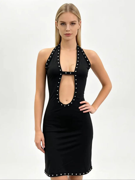 Spring New Hanging Neck Irregular Collar Sexy Spice Girls Solid Color Sleeveless Fashion Dress for Women