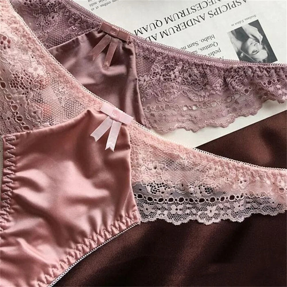 Hollow Lace Sexy Glossy Satin Silk Smooth Thong Women Sexy Low Waist G-string Underwear Bow Seamless Lingerie