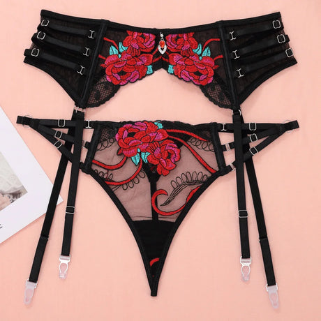 Ellolace Seductive Sexy Lingerie Bra Belt Thong 3PC Set Beautiful Floral Embroidered Intimate Tempted Women Underwear