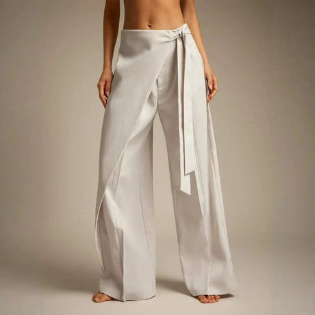 Women High Waist Wide Leg Pants Loose Wrap Tie Knot Asymmetric Pleated Trousers Beach Casual Bottoms