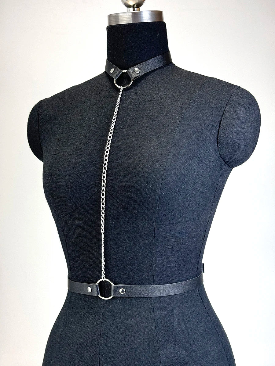 Women's Fashionable PU Leather Chain Harness Belt Edgy Punk Girl Outfit Statement Gothic Collocation Outerwear Accessories