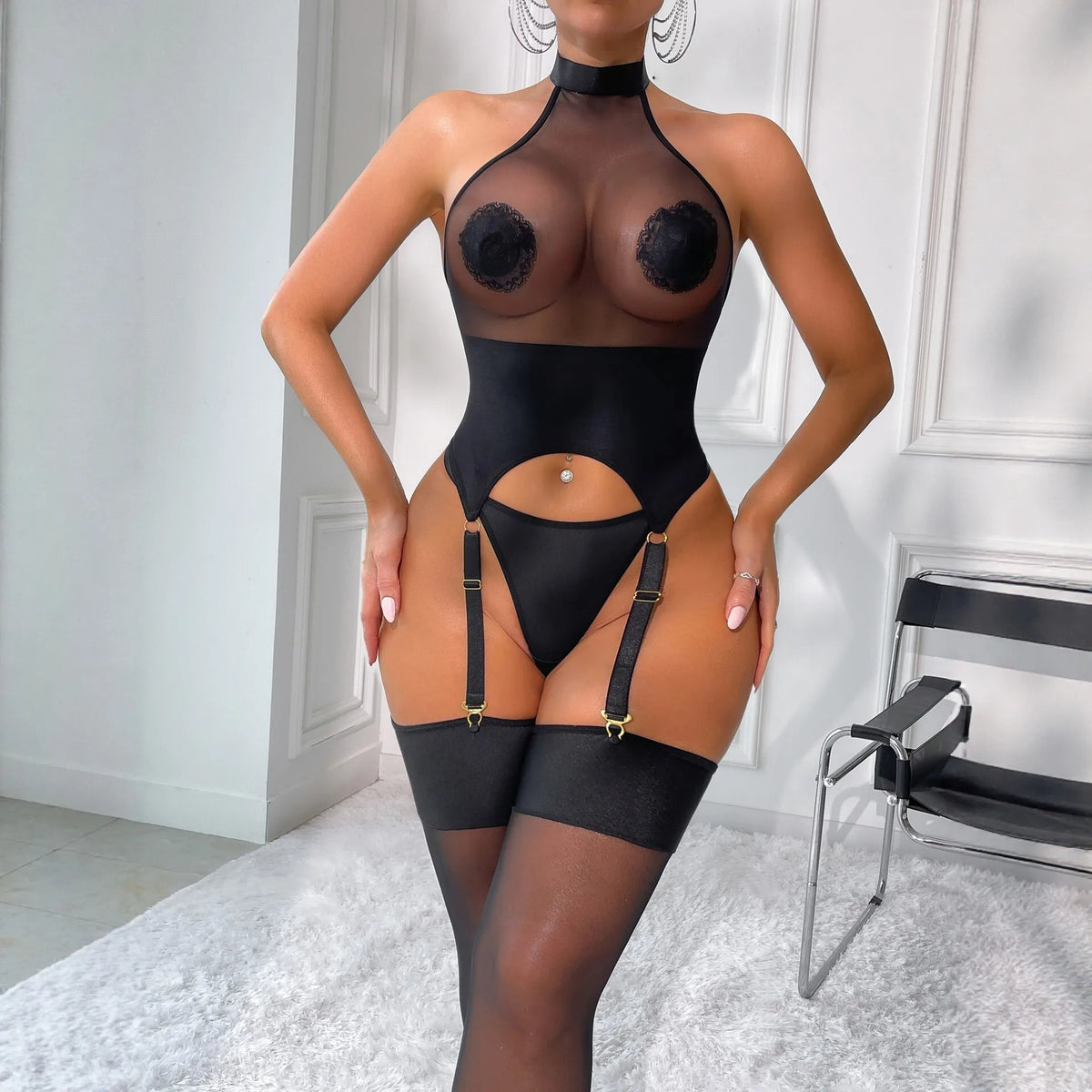 Erotic Bodysuits Sexy Womens Outfit Hot Sheer Halter Top Thong Stockings Nipple Sticker Underwear Cool Girls' Sexy Party Costume