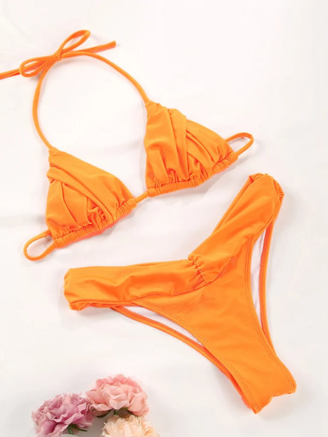 Sexy Folds Bikini Set Solid Micro Bikinis Women Swimsuit Female Triangle Swimwear Beach Wear Bathing Suit
