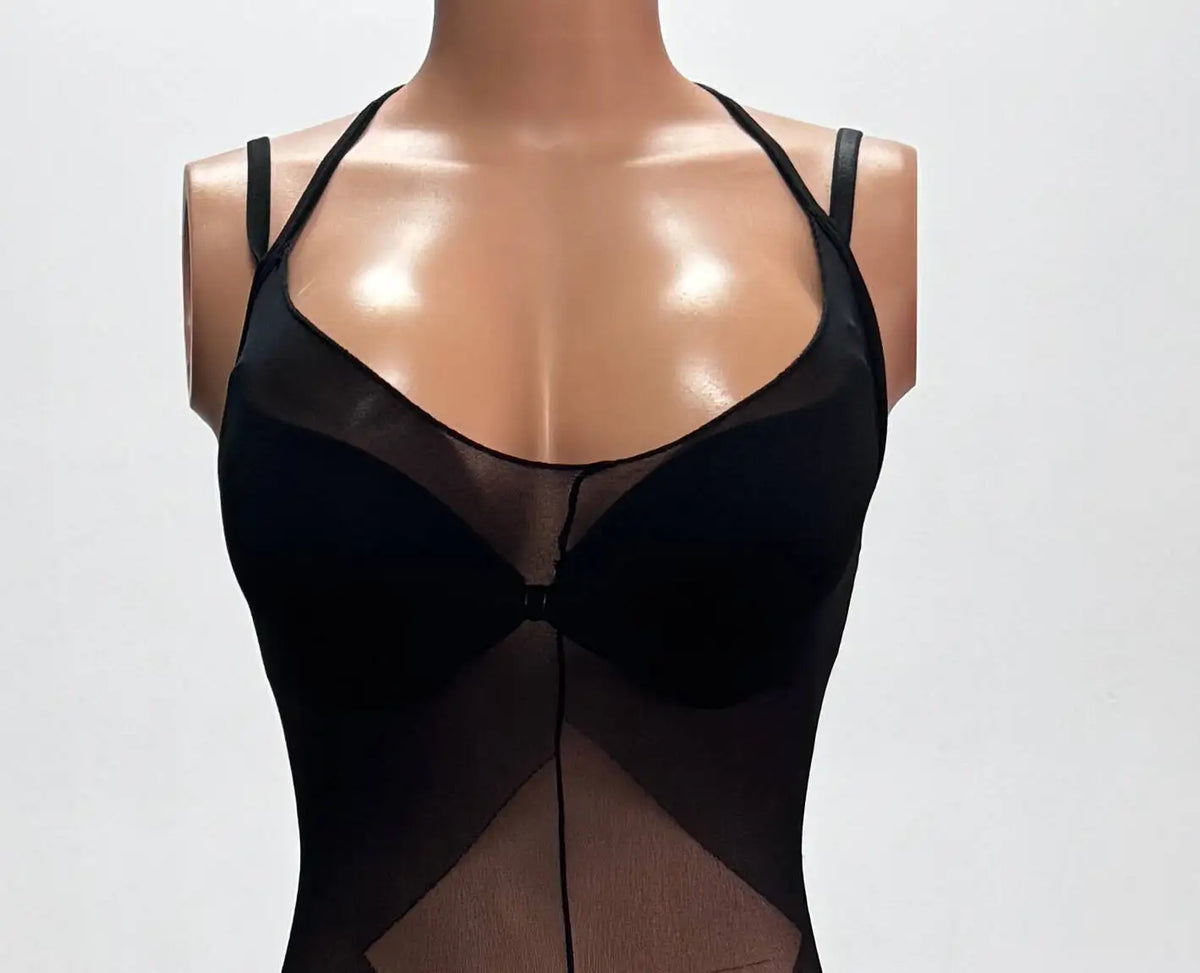 Sexy Lace Up Women Patterned Black Jumpsuit Sheer Suspender Bodystocking Geometric Cutout Slim Fit Lingerie