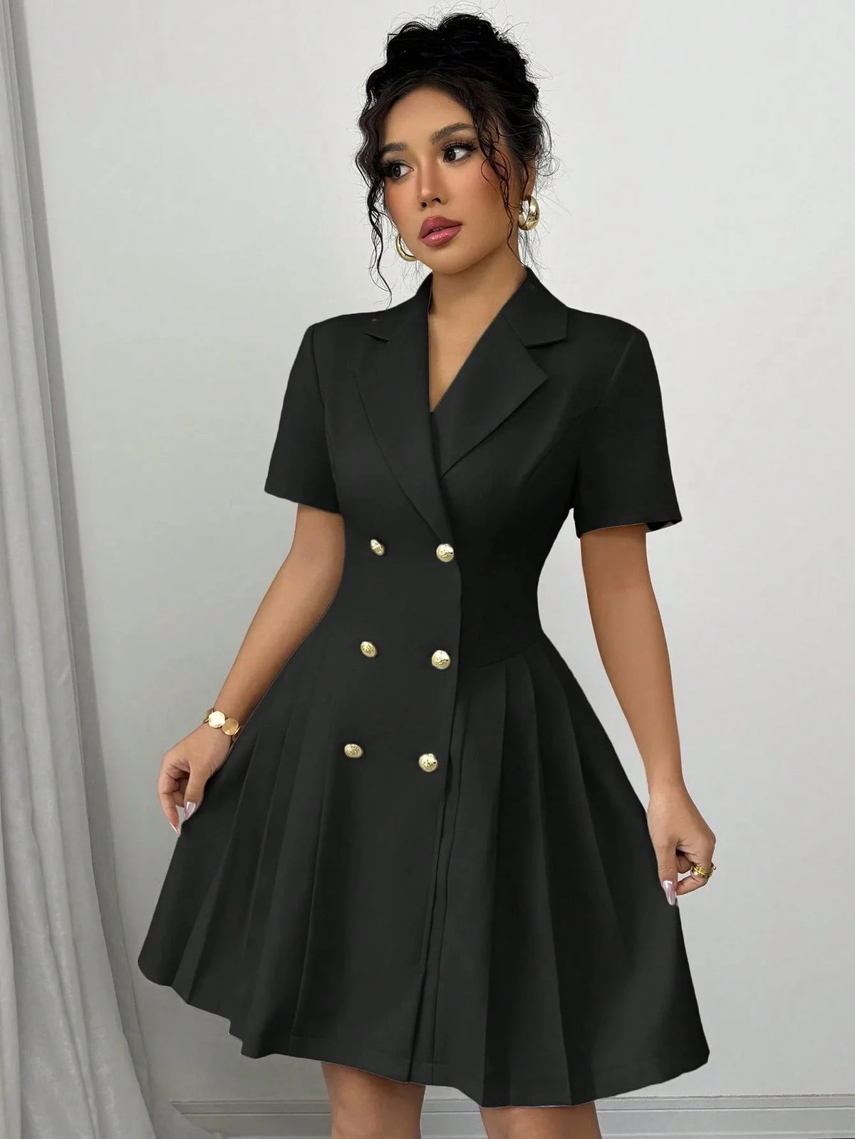 2026 Luxury Dresses Solid Color Notched Lapel Double Breasted Short Sleeve Slim Summer Midi Dress for Woman Clothes
