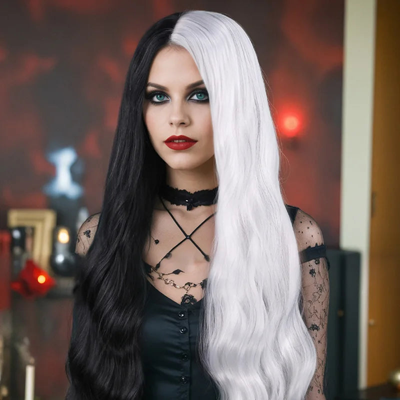Cosplay Halloween Party Wigs CRUELLA Deville De Vil Black White With Bangs Short Bob Hair for Women Heat-Resistant Synthetic Wig