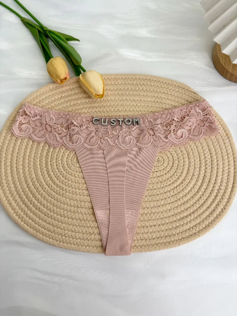 Personalized Custom Thong Name Crystal Letter G-String Low Waisted Lace Thong Ice Silk Bikini Panties Hot Wife Girlfriend Gift