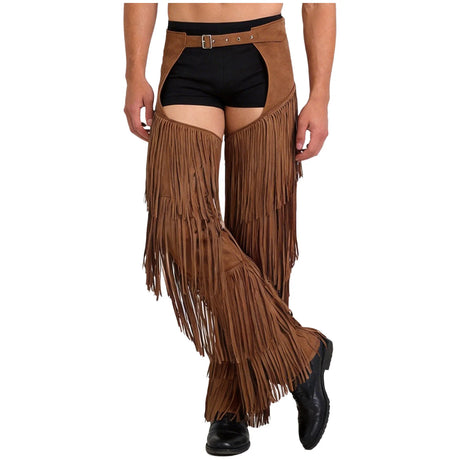 Mens Western Cowboy Chaps Fuax Suede Tassel Hollow Out Open Crotch Long Pants Adjustable Buckles Waist Motorcycle Biker Trousers