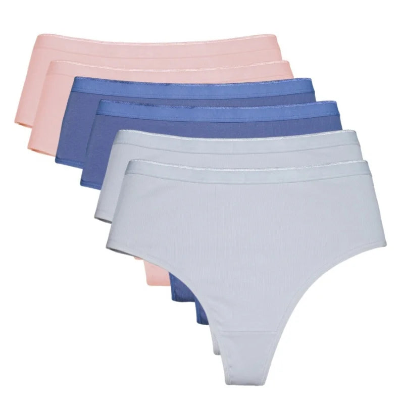 6 Pack Women's High Waisted Thong Cotton Underwear Ribbed Soft Breathable Panties Soft Stretch Intimates Sexy Lingerie S-XL