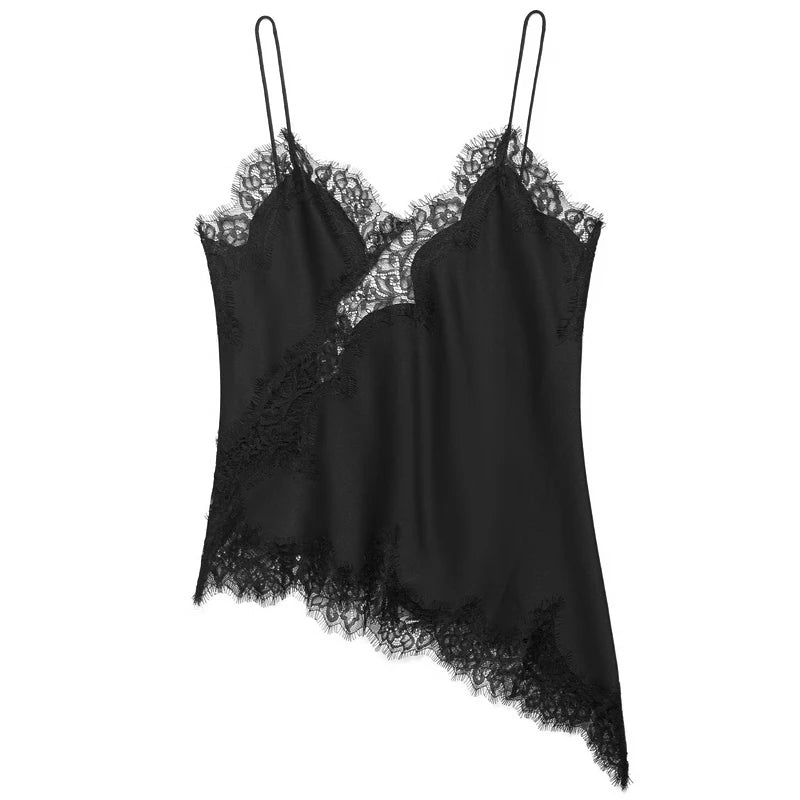 HXAO Lace Asymmetrical Top Women Tanks & Camis Summer 2025 Black Slip Sleeveless Top Ladies y2k Backless Off Shoulder Camisole