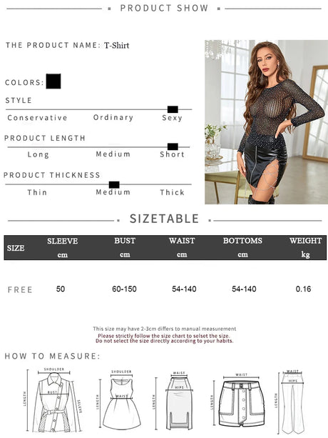 FHSEER 1pcs Women's Sexy Fishnet Bodysuit See-Through Long Sleeve Sparkle Rhinestone T-Shirt Slim Fit Stretchy Top Clubwear