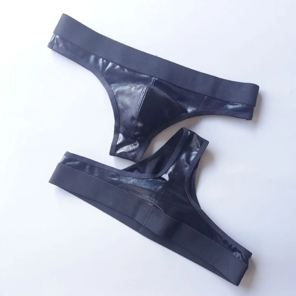 1pc Men Lacquer Leather Sexy Thong Nightclub Gay Sissy Breathable Pouch Underwear Underpants High Stretch Panties G-String