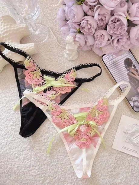 Women Underwear Sexy Lace Strap Embroidery Hollowed Out Seamless Lingerie Adjustable Thong See Through Lace Thongs Panties