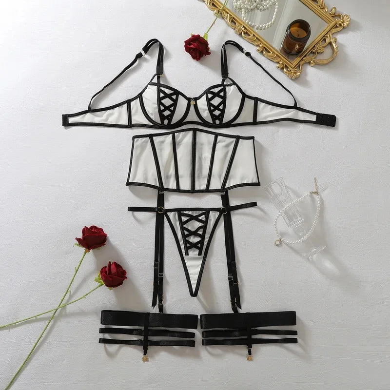 Women's Black White Contrast Strappy Lingerie Set 4PCS Underwire Bra Waist Cincher Garter Belt Thong Thigh Cuffs Sexy Intimate