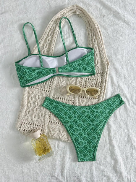Sexy Bandeau Bikini Women Green Floral Pleate Push Up Padded Thong Swimsuit Summer Bathing Suit Two Piece Swimwear Biquini