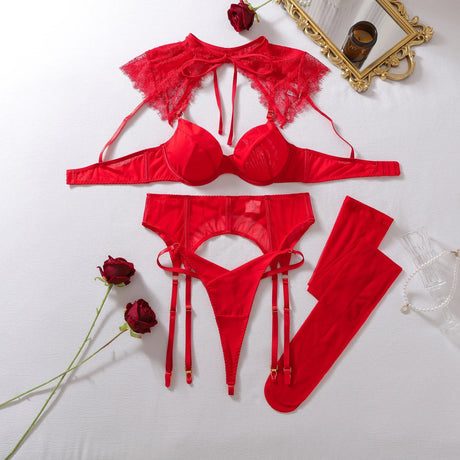 Exclusive Women's Lingerie Intimate Set Romantic Lace Capelet Bra Garter Thong 3PC Stockings Oriental Vintage Chic Girls' Outfit