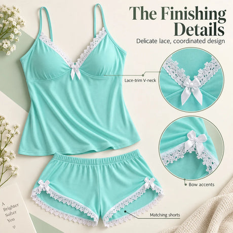 Women's Lace Trim Camisole Shorts Pajama Set, V Neck Bow Detail Sleeveless Two Piece Sleepwear in Solid and Printed Colors