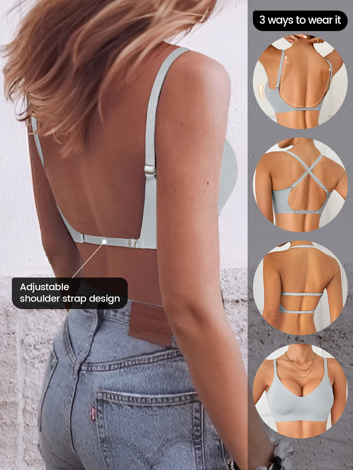Women Invisible Bra Deep U Plunge Bras Backless Top for Dresses Sexy Lingerie with Transparent Strap Push Up Strapless Underwea
