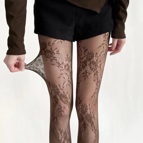 Harajuku Black White Brown Hollowed Out Lace Mesh Pantyhose Floral Rattan Bottomed Stockings Sexy Women Tights Fashion Hosiery