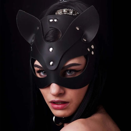 Fancy Synthetic Leather Cat Mask Black Color Chain Harness Cosplay Mask Design 1 Piece Masquerade Mask Fancy Dress