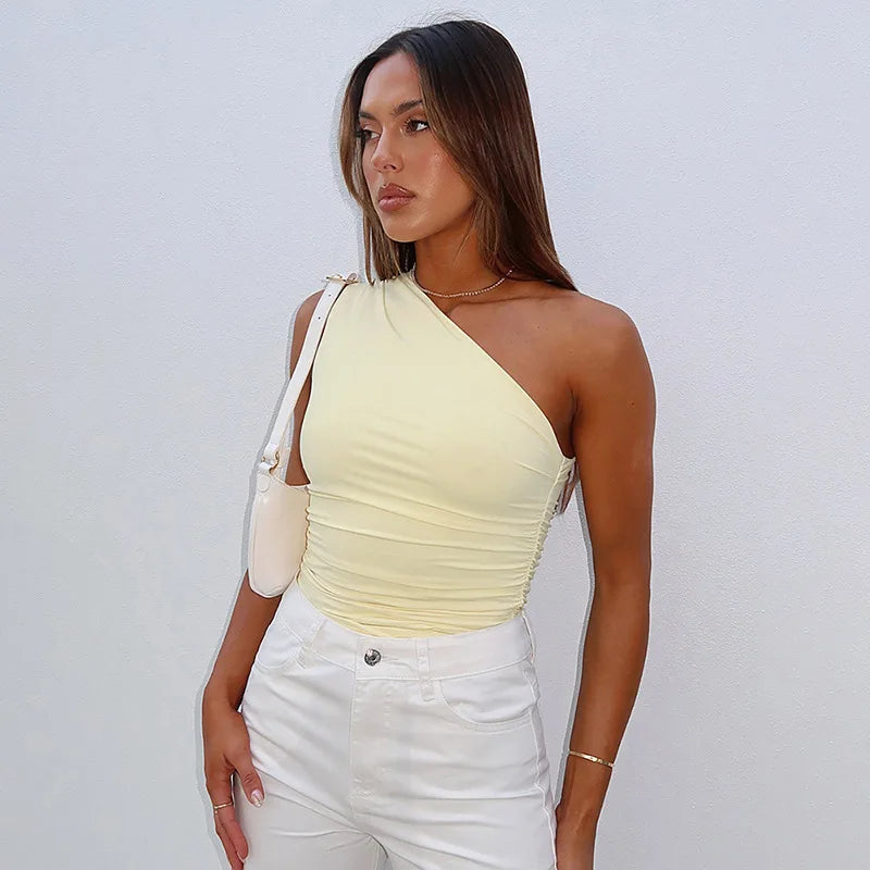 Solid Color One Shoulder Backless Shrink Tank Top T-Shirt Candy Color Tight Sexy Sleeveless Neckless Slim Casaul Top