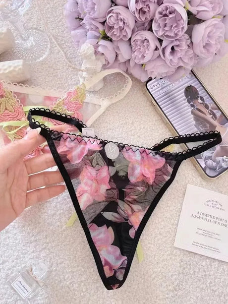 Women Underwear Sexy Lace Strap Embroidery Hollowed Out Seamless Lingerie Adjustable Thong See Through Lace Thongs Panties