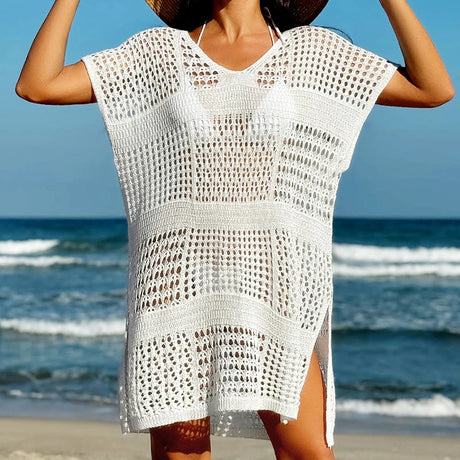Knitting V-Neck Sexy Hollow Out Beach Bikini Cover-Ups Ladies Summer Vacation Casual Loose Beachwear Sunscreen Smock