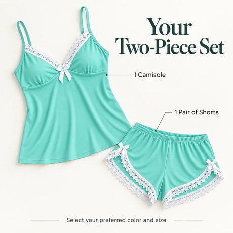 Women's Lace Trim Camisole Shorts Pajama Set, V Neck Bow Detail Sleeveless Two Piece Sleepwear in Solid and Printed Colors